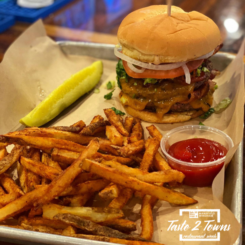 Burger and fries from Hops 44 in mansfield, connecticut 