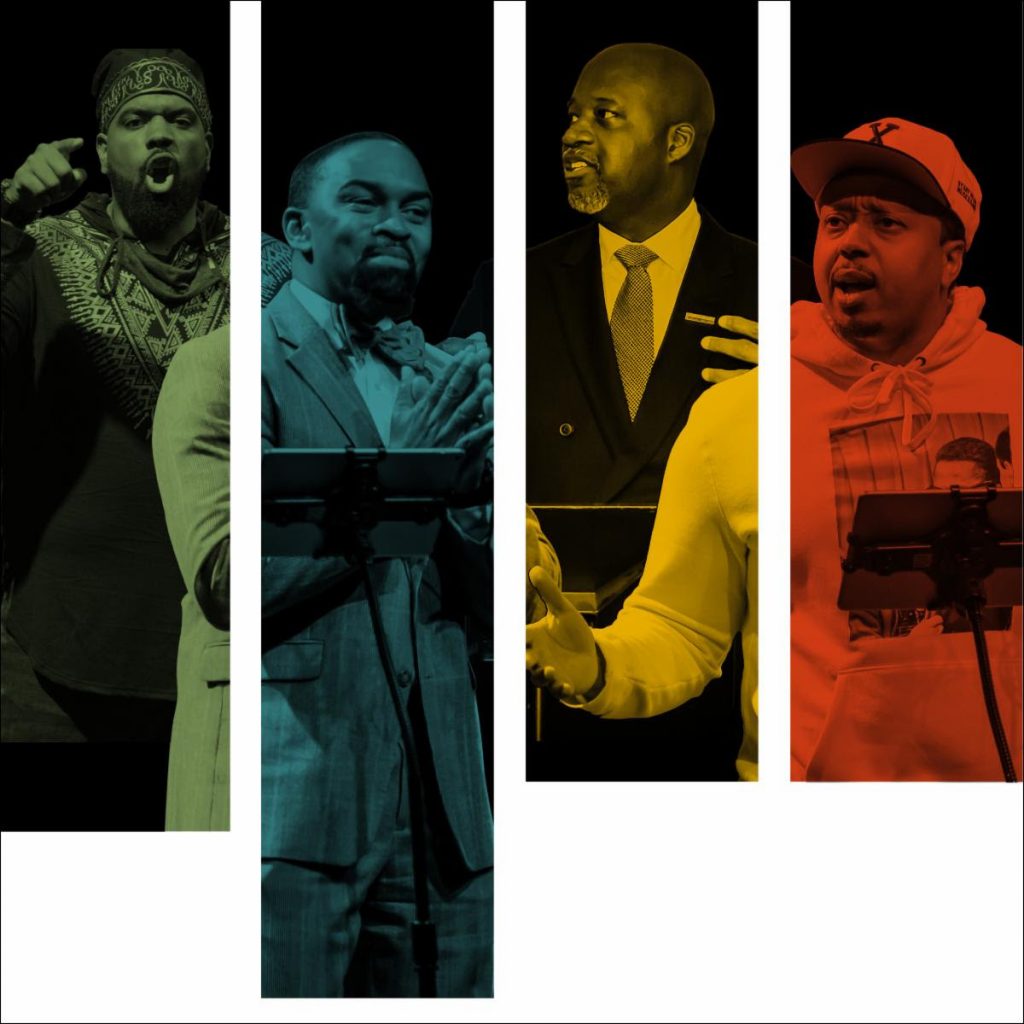 (l to r) The cast of Fatherhood Manologues: Malik S. Champlain, Demetrius Chamblee, Abdul-Rahmaan I. Muhammad and Jesse J. White III. Photo collage courtesy of HartBeat Ensemble.