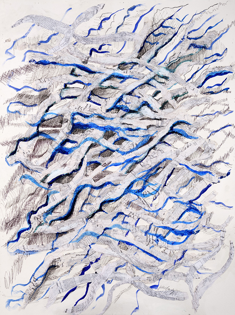 Jill Vaughn, Sand Waves in Blue, pen, paint, and paper collage at Mill Gallery, Guliford Art Center, Gilford, Connecticut 