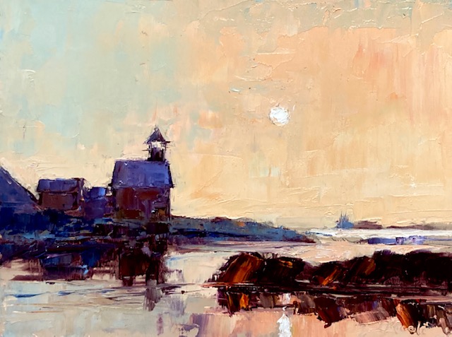 Lisa Miceli, "Morgan Point Light", oil on display at Lyme Art Association, in Old Lyme, Connecticut 