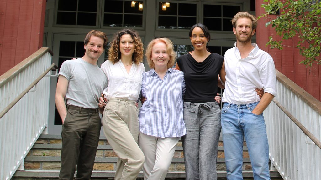 The cast of “Dial M for Murder” – L-R: Patrick Andrews, Kate Abbruzzese, Kate Burton, Krystel Lucas, Denver Milord.  Photo by Ashley Sweet