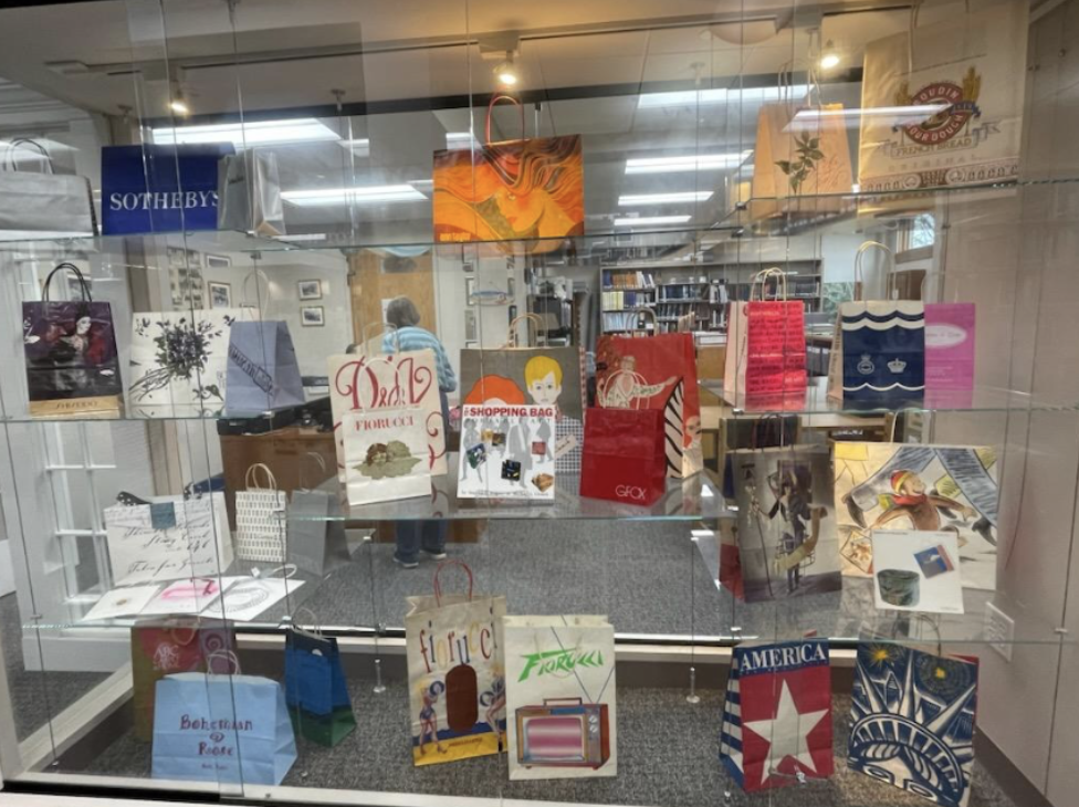 Graphic shopping bags on display at Avon Free Library in Avon Connecticut. 