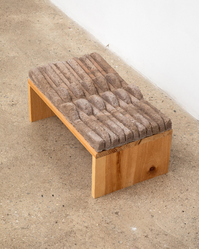 Amanda Martínez, Touch earth, 2022. Cast adobe
brick (earth, straw, sand, water), found lumber
pedestal. 10 x 20 x 11.25 inches. Courtesy of the
artist. Photo: Hesse Flatow