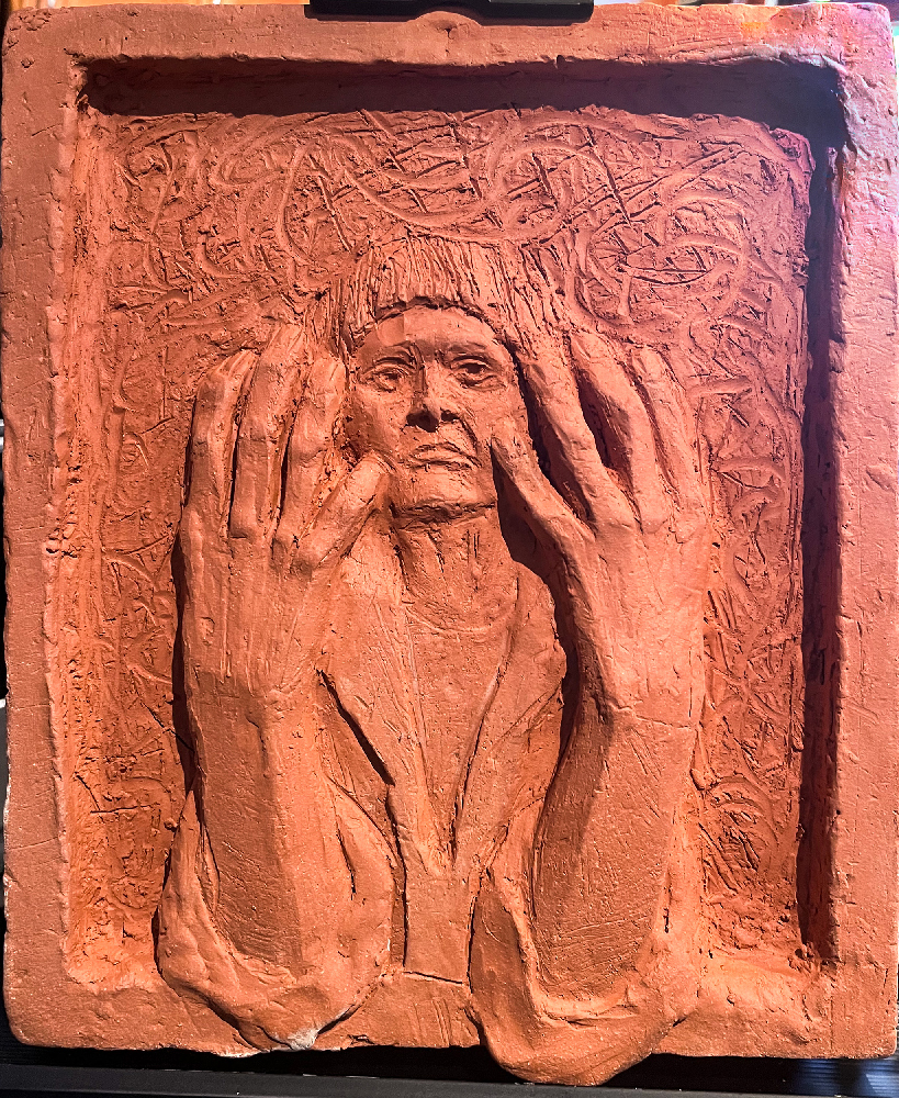 Andrea, Candace Ovesey, terracotta bas-relief, 12"h x 10"w x 1.5"d, 2023 at City Gallery in New Haven, Connecticut 