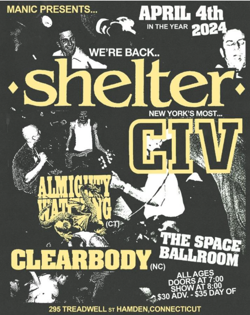 Shelter and CIV to perform at Space Ballroom in Hamden Connecticut in  April 2024