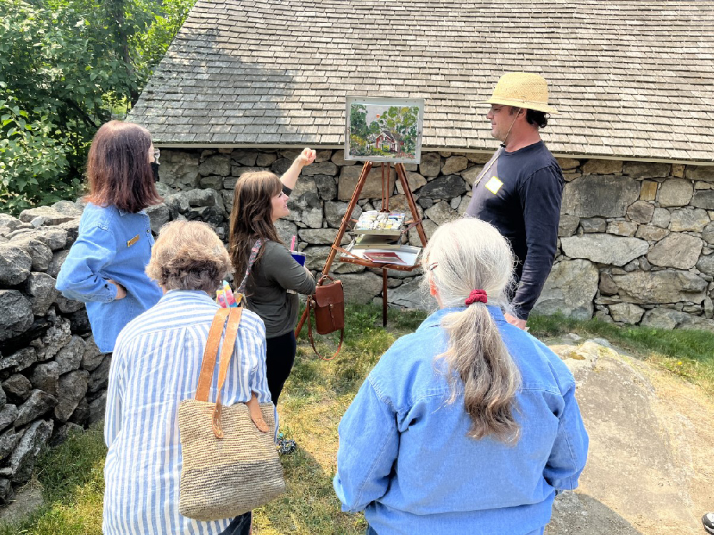 Weir Farm Artist Collective members share plein air painting setup tips with each other weir farm in Wilton, Connecticut 