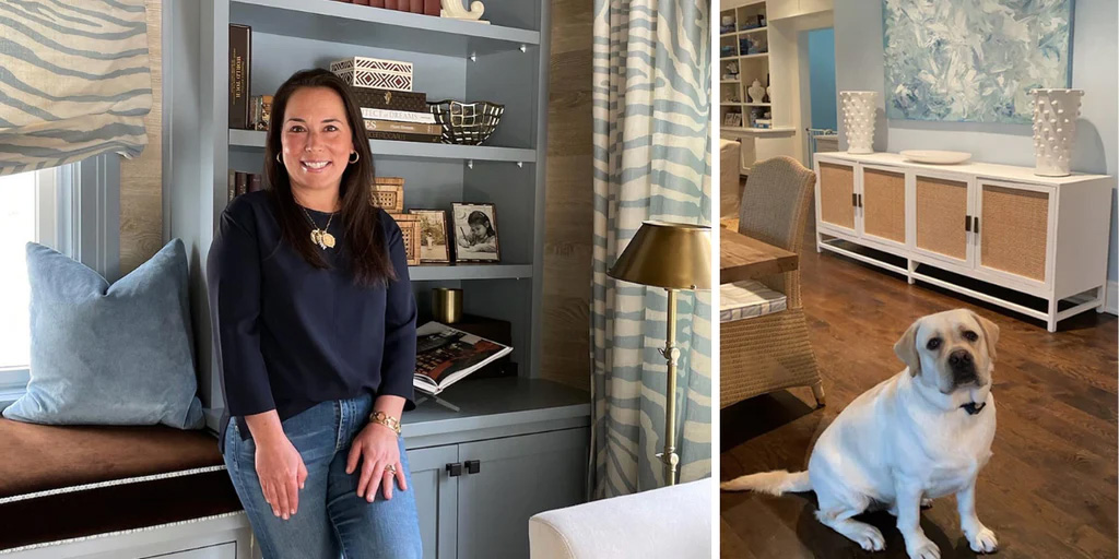 Samantha Yanks in her Connecticut home (left) and her dog, Wonton in front of original artwork by Sorelle artist Teodora Guererra (right). 