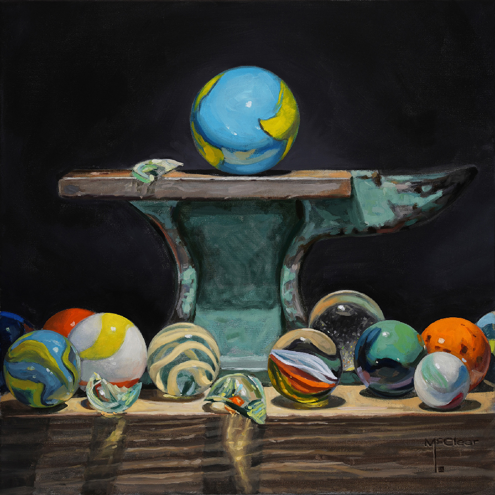 Brian McClear, For All the Marbles, oil on display at guilford arts center in guilford connecticut in may 2024