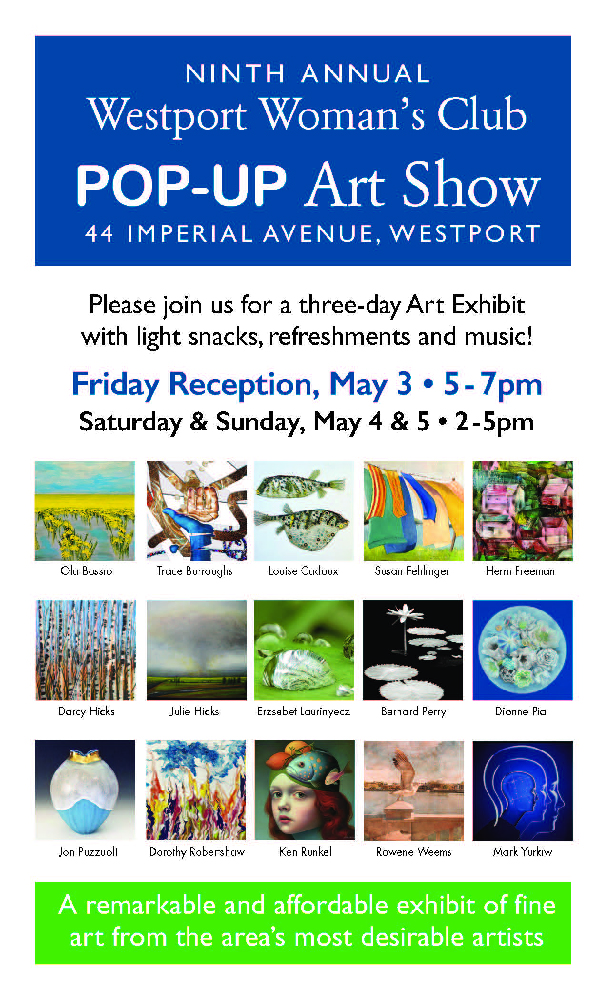 Pop up art show at westport womans club in westport, connecticut in may 2024