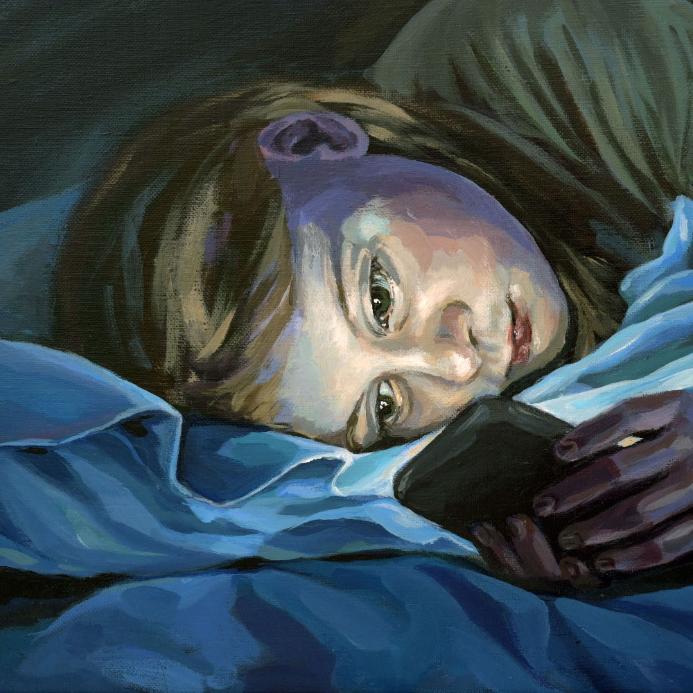 Dina Belyayeva, "Screen Time", acrylic on exhibit at lyme art associaiton in lyme connecticut in june and july 2024