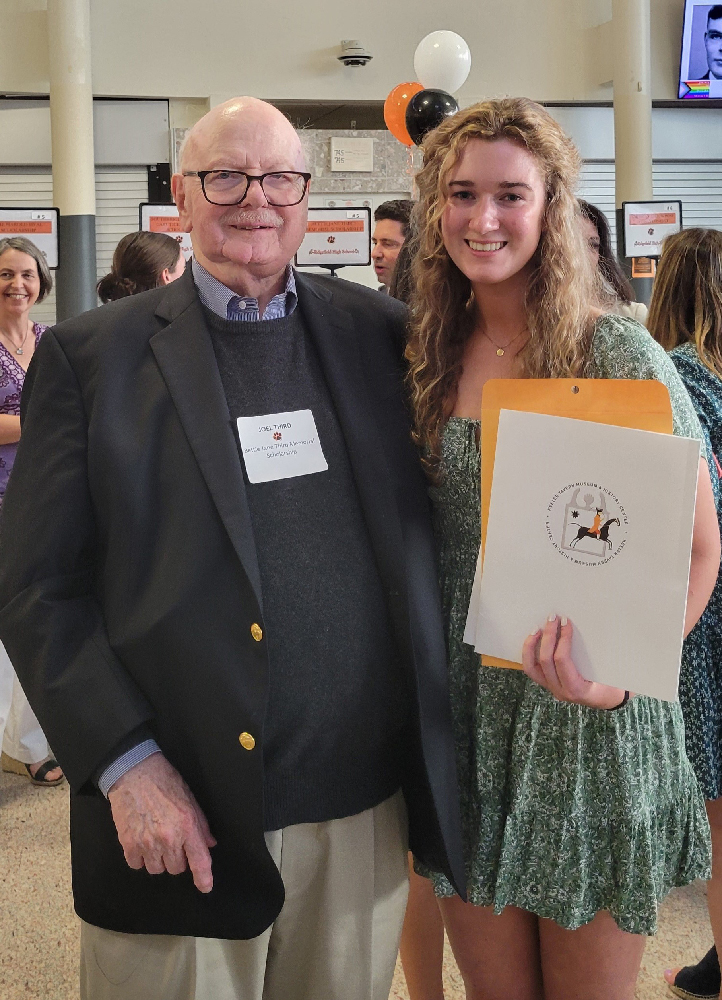 Ridgefield High School senior Cora Meres – pictured here with former
KTM&HC President Joel Third – received the Bettie Jane Third Memorial Scholarship this week.