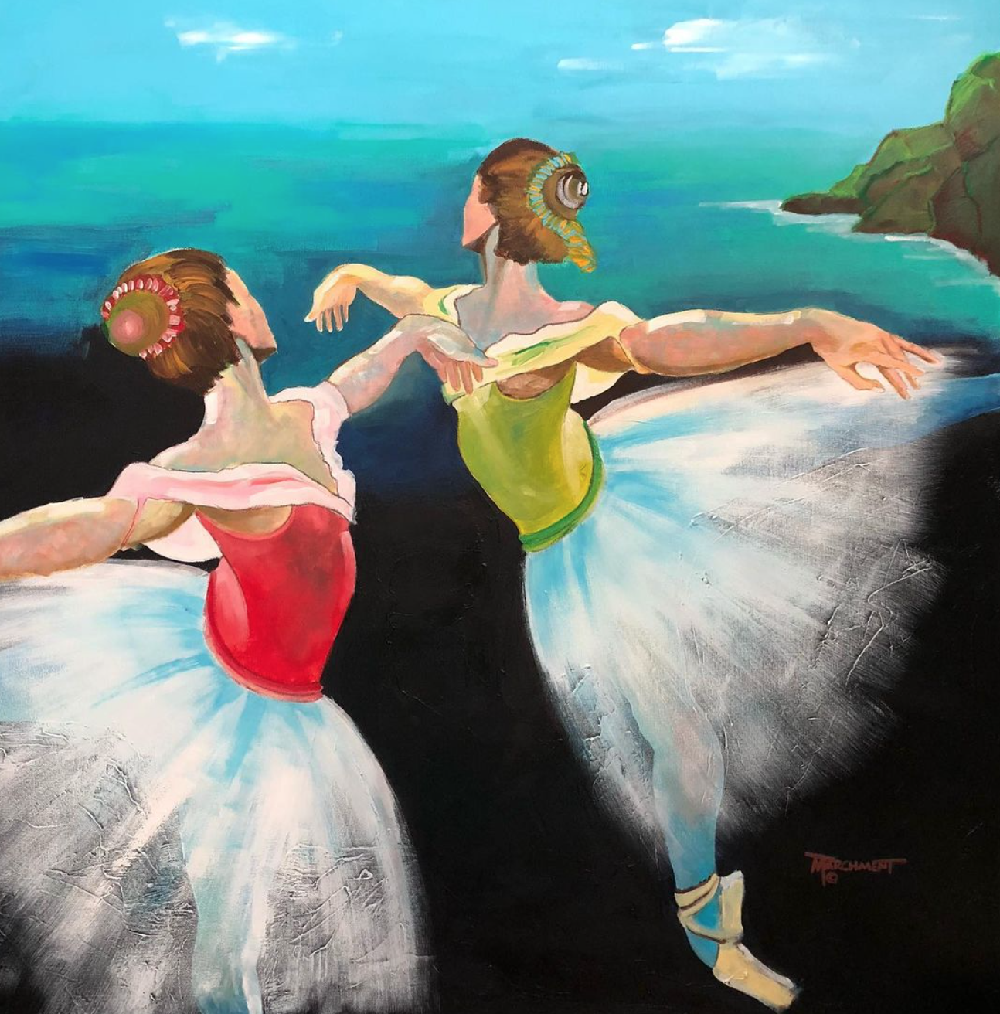 Michael Parchment's Ballerina Twins  on display at the Bruce Kersher Gallery at the Fairfield Public LIbrary in Fairfield, Connecticut 