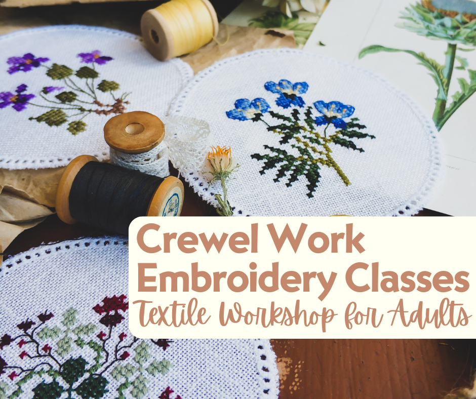 Crewel work Embroidery classes at wilton historical society in wilton connecticut in august 2024