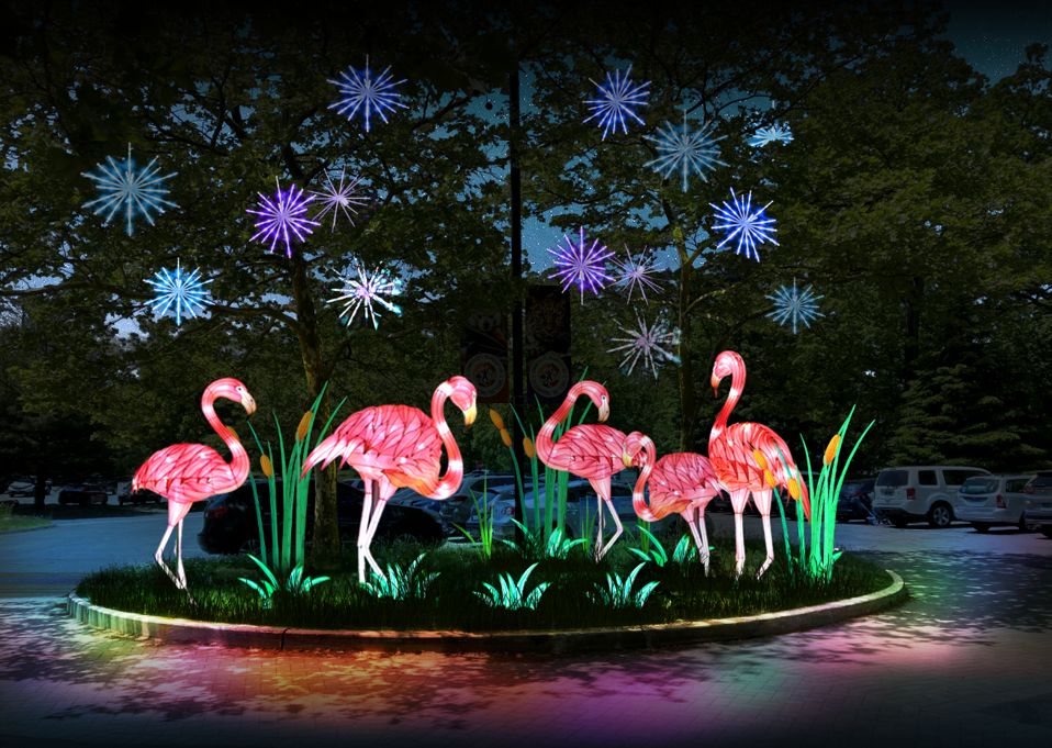 Flamingos at the glow wild lantern festival at Connecticut's Beardsley Zoo in Bridgeport, Connecticut