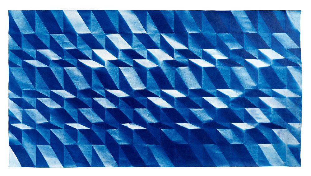 Fritz Horstman, Folded Cyanotype 243, 2023, Cyanotype fluid on paper, 11 1/4 x 21 in., Courtesy of the Artist