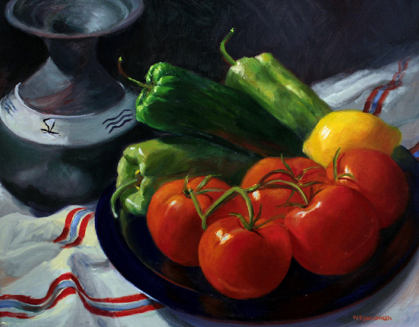 Pamela Danneman, "Tomatoes and Peppers", oil on display at lyme art association in old lyme connecticut 