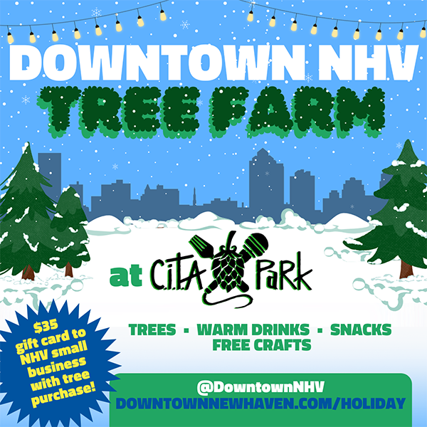 Downtown NHV Tree Farm open in New Haven Connecticut on Black Friday in November 2024