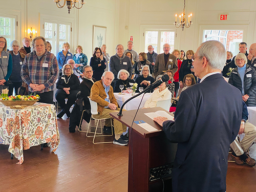 Books on the Common co-owner Darwin Ellis addresses the crowd
at Keeler Tavern Museum & History Center after being honored, alongside Books on the
Common co-owner Ellen Burns, at the inaugural Keeler Icons event on Saturday, January 25.