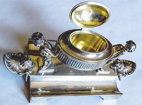 silver inkwell designed by Tiffany & Co., c. 1868, LMMM Collections. Photo Credit Sarah Grote