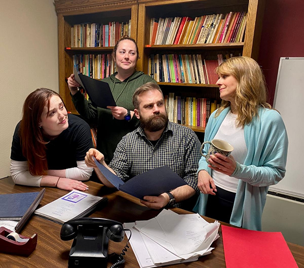 Clockwise from left: Emily Gant (Doralee), Meagan Hayes (Judy), Sloan Williams (Violet), and Ian Lynch-Passarelli (Franklin Hart, Jr.). Image courtesy of Little Theatre of Manchester