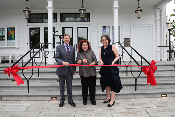 Pictured about to cut the ceremonial ribbon is U.S. Sen. Richard Blumenthal, Board of Trustees President Hila Rosen and Artistic Director Donna Lynn Hilton