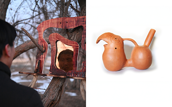 Left to right: Jantsankhorol Erdenebayar, Objects In Mirror Are Closer Than They Are, 2021. Courtesy of the artist;
Koyolzintli, Whistling Jar, 2025. Courtesy of the artist.