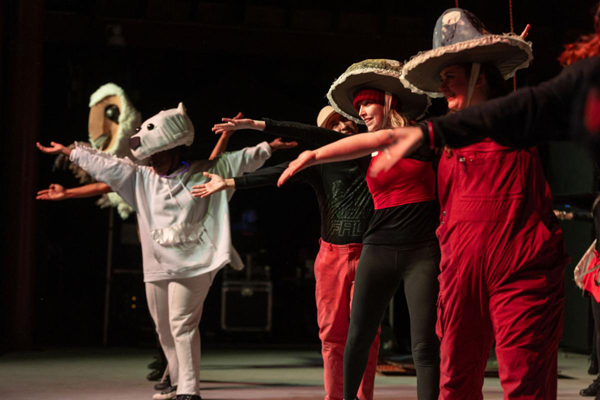 Cast of Night Fall 2025 in Performance by Zee Rubin Photography. Left to right: Jonathan Rincon (owl), Chantal Edwards-Matthews (polar bear), Jason Ramos, Amanda Duvall and Claire Sickinger (mushrooms).