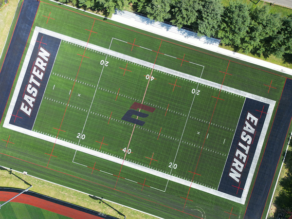 An aerial photo of the new flag football turf field, located at the Mansfield Athletic Outdoor Complex