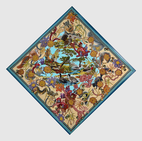 Lydia Viscardi, Autumnal Hoard, acrylic and
collage on vintage embellished textile and
board, 2022. Courtesy of the artist.
